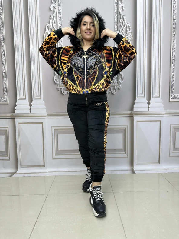 Leopar Desen Kürklü Crystal Taşlı Kadife Eşofman Takımı - KAHVE - 2