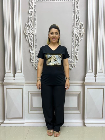 Çerçeveli Yaprak Tshirt - SİYAH