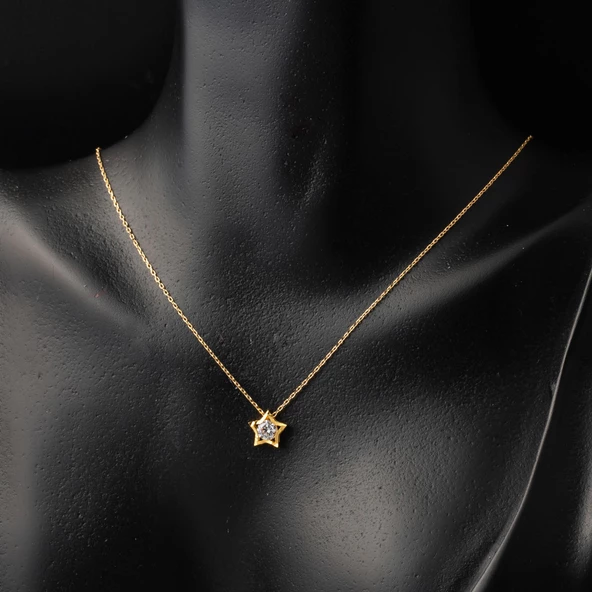 Yıldız Tektaşlı Kolye Küpeli 22 Ayar Altın Set - 3