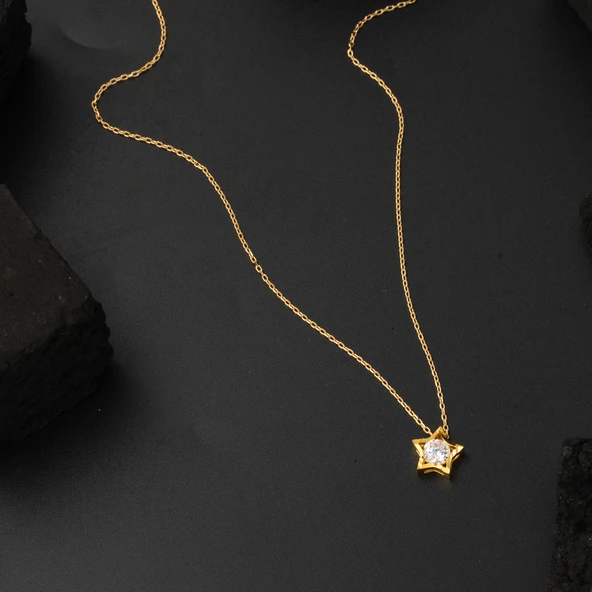Yıldız Tektaşlı Kolye Küpeli 22 Ayar Altın Set - 4