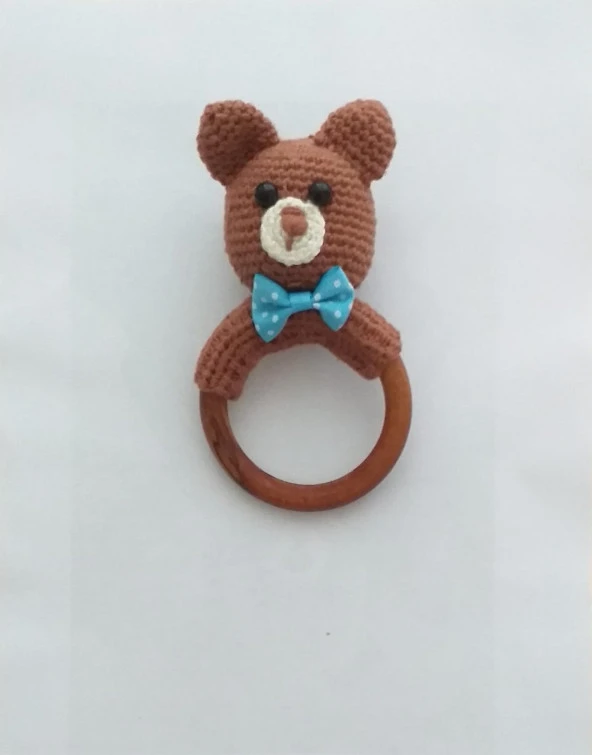 Papyonlu Ayıcık Çıngırak Diş Kaşıyıcı Amigurumi Organik Oyuncak - 1