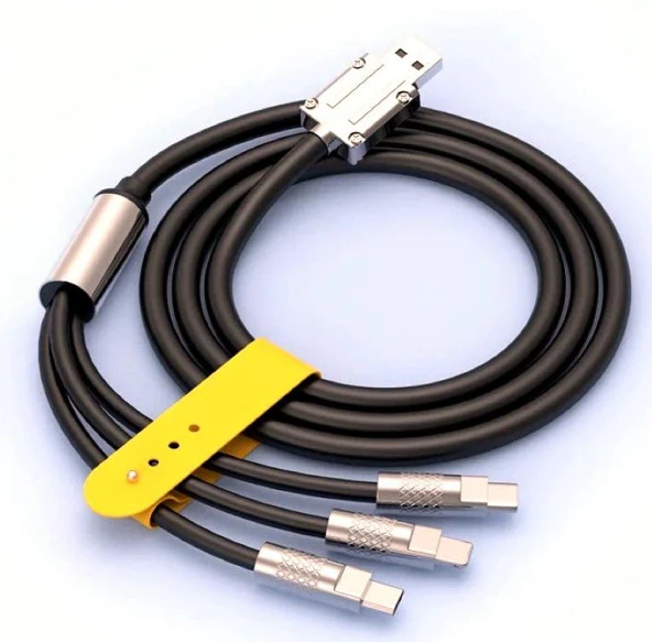 Valkyrie 120W-A 6A 3in1 Apple Type-C Android Sıvı Silikon Data Hızlı Şarj Kablosu - Bakır Döşeme - Katlanmaz Kırılmaz Dayanıklı Kablo Siyah - 2