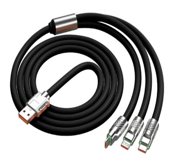 Valkyrie 120W-A 6A 3in1 Apple Type-C Android Sıvı Silikon Data Hızlı Şarj Kablosu - Bakır Döşeme - Katlanmaz Kırılmaz Dayanıklı Kablo Siyah - 3