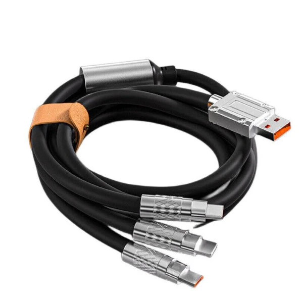 Valkyrie 120W-A 6A 3in1 Apple Type-C Android Sıvı Silikon Data Hızlı Şarj Kablosu - Bakır Döşeme - Katlanmaz Kırılmaz Dayanıklı Kablo Siyah - 4