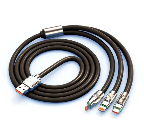 Valkyrie 120W-A 6A 3in1 Apple Type-C Android Sıvı Silikon Data Hızlı Şarj Kablosu - Bakır Döşeme - Katlanmaz Kırılmaz Dayanıklı Kablo Siyah - 6