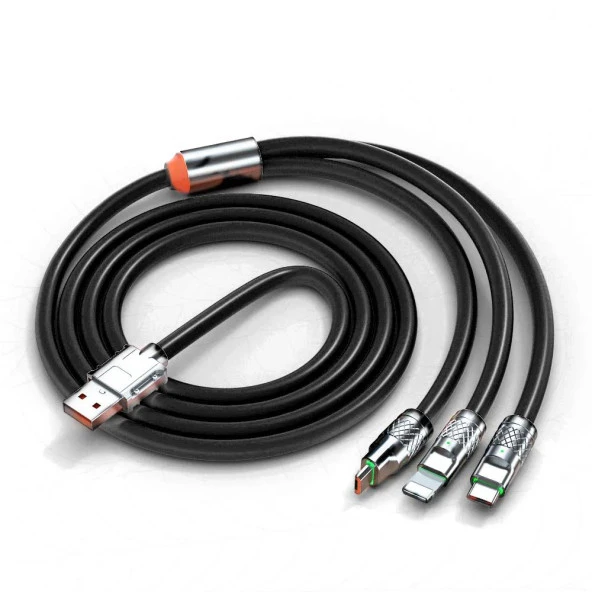 Valkyrie 120W-A 6A 3in1 Apple Type-C Android Sıvı Silikon Data Hızlı Şarj Kablosu - Bakır Döşeme - Katlanmaz Kırılmaz Dayanıklı Kablo Siyah - 7