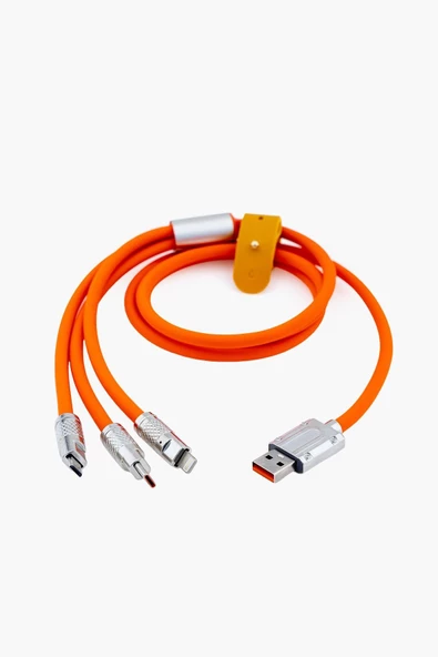 Valkyrie 6A 3in1  Apple Type-C Android Sıvı Silikon Data Hızlı Şarj Kablosu - Bakır Döşeme - Katlanmaz Kırılmaz Dayanıklı Kablo Turuncu - 7