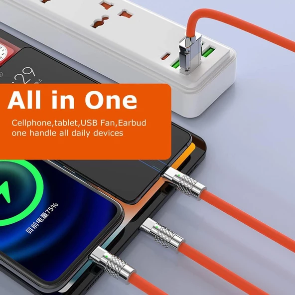 Valkyrie 6A 3in1  Apple Type-C Android Sıvı Silikon Data Hızlı Şarj Kablosu - Bakır Döşeme - Katlanmaz Kırılmaz Dayanıklı Kablo Turuncu - 4
