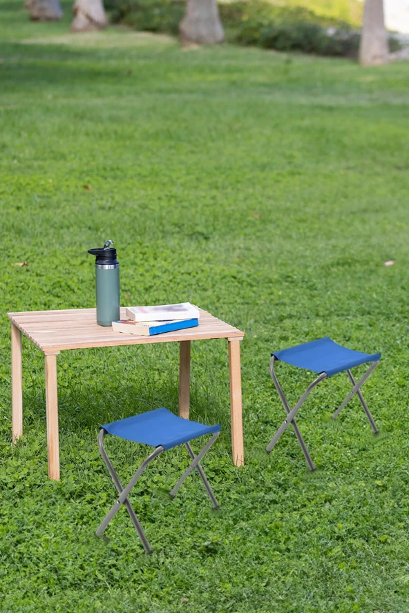 Exent 2 Adet Tabure ve 60 x 60 cm Katlanır Ahşap Kamp Masası seti-Piknik bahçe balkon seti - 4