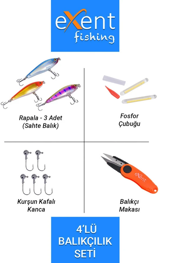 Exent 3 Adet Rapala + Kurşun kafalı 5 adet kanca + Fosfor + Balıkçı Makası-SETİ