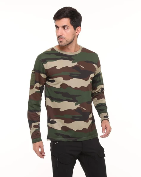 Single Sword Bisiklet Yaka Kamuflaj Desen Pamuklu Erkek T-Shirt - 11