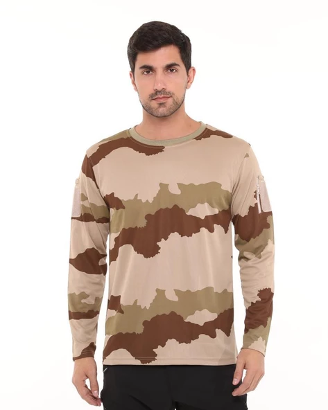 Single Sword Bisiklet Yaka Kamuflaj Desen Pamuklu Erkek T-Shirt