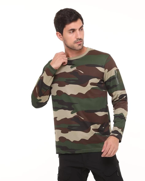 Single Sword Bisiklet Yaka Kamuflaj Desen Pamuklu Erkek T-Shirt - 9