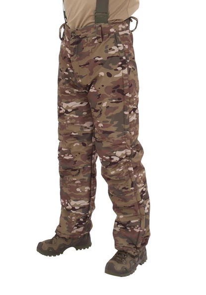 Single Sword Outdoor Softshell Su Geçirmez Kışlık Erkek Pantolon (Salopet Askılı), Kamuflaj Renk - 3