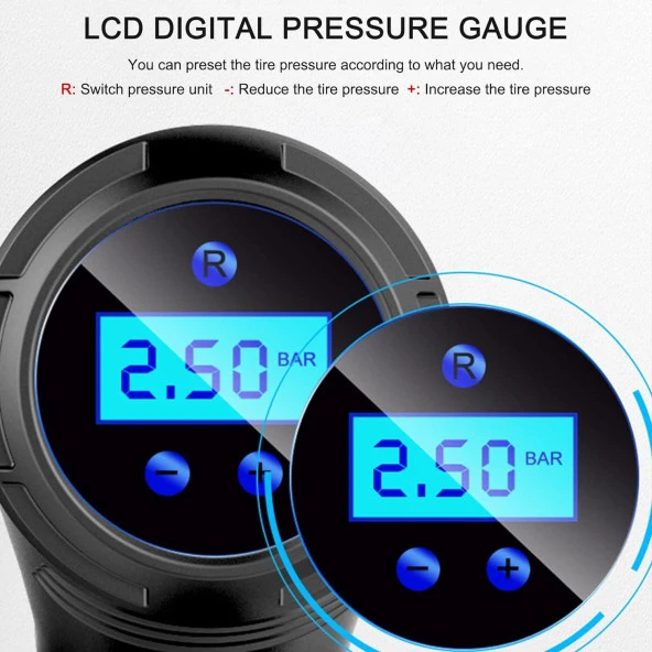 Valkyrie 120W Kablosuz Hava Kompresörü Araç Motorsiklet Bisiklet Top Araba Lastik Pompası - Wireless USB - LED Işıklı - 8