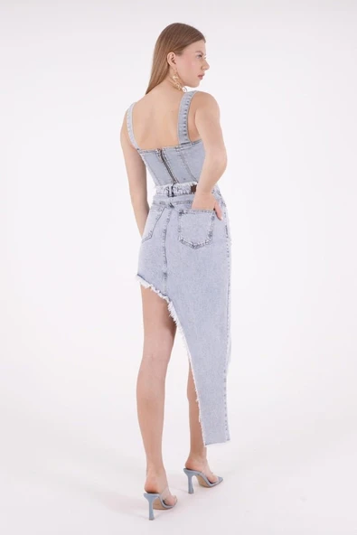 Püsküllü ve Çapraz Kesim Detaylı Cepli Astarsız Normal Belli Kadın Kot Etek Orta Mavi Denim Yaz - 3