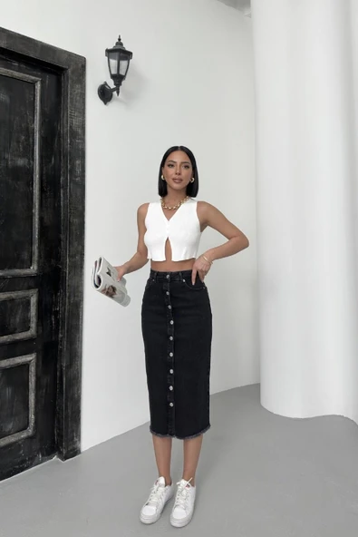 Önü Düğmeli ve Bitişi Püsküllü Cepli Kısa Boylu Kot Kadın Etek Normal Antrasit Denim Yaz / Bahar - Resim 7