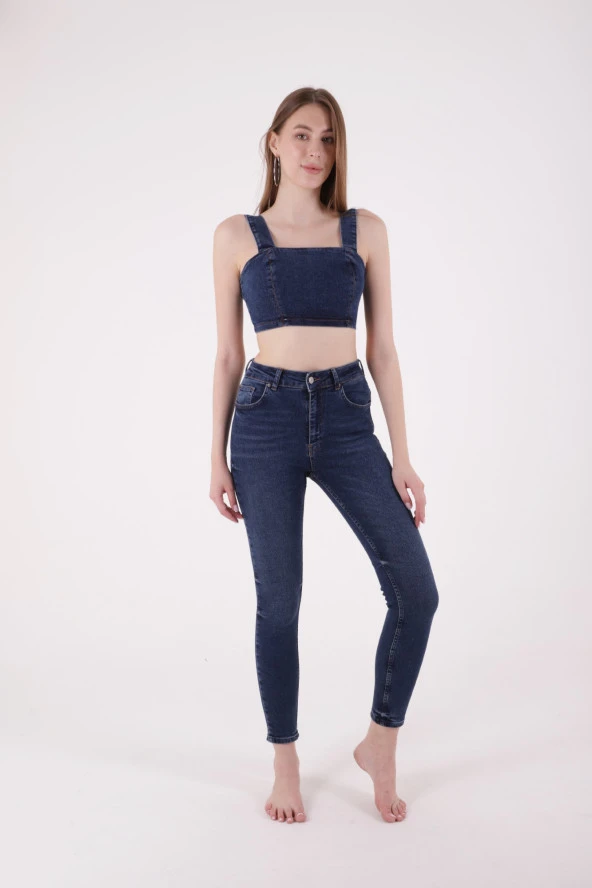 Ekstra Dar Kalıplı Yüksek Belli Cepli ve Skinny Jean Kadın Kot Pantolon Dört Mevsim Koyu Mavi Denim