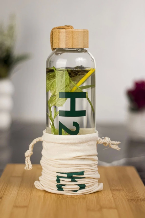 H2o Borosilikat Cam Matara Bambu Vakum Kapaklı Su Şişesi Suluk Kumaş Kılıf Hediyeli 600 ML - 2