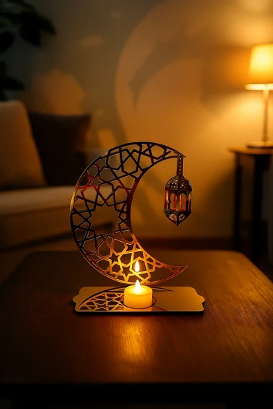 Ramazan Süsü Çift Yön Aynalı Gold/Siyah Işıklı Dekoratif Yansıtmalı Mumluk Fener Selçuklu Desen