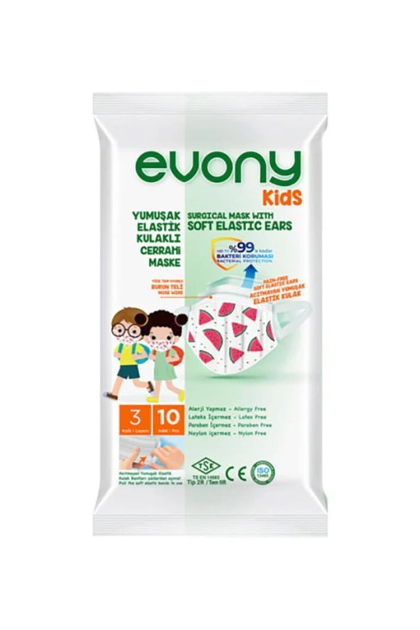 Evony Kids Yumuşak Elastik Kulaklı Cerrahi Maske 10'lu