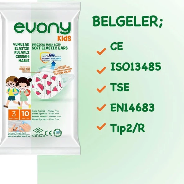 Evony Kids Yumuşak Elastik Kulaklı Cerrahi Maske 10'lu - 2