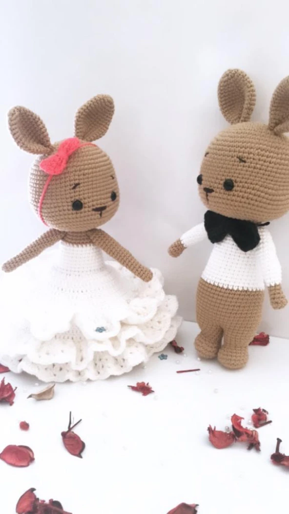 Gelin ve Damat Tavşanlar Amigurumi Organik Oyuncak - 5