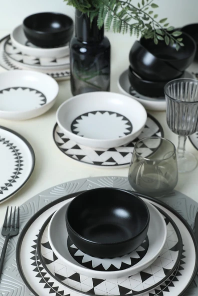 Keramika Keraart Black Pattern Nordic Yemek Takımı 24 Parça 6 Kişilik 21478-79-80