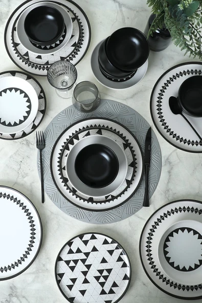 Keramika Keraart Black Pattern Nordic Yemek Takımı 24 Parça 6 Kişilik 21478-79-80 - 2
