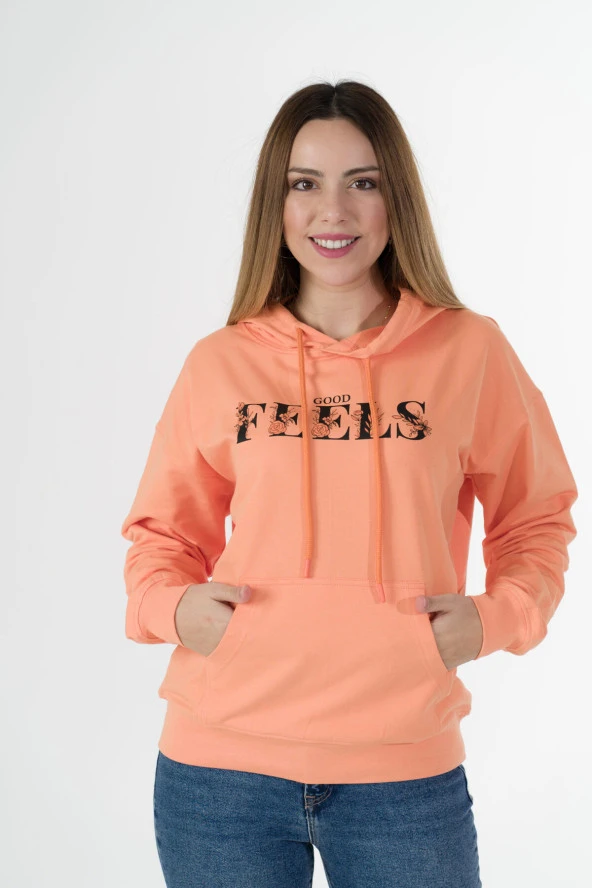 Verona Kapşonlu Kanguru Sweatshirt (Baskı) Kayısı Ezmesi