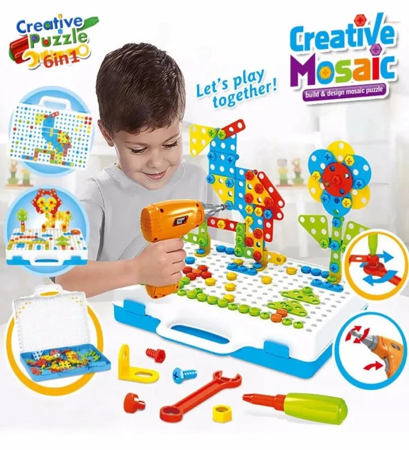 Pilli Matkaplı, 6in1 252 Parça 3D Creative Puzzle Yapboz Oyun Seti