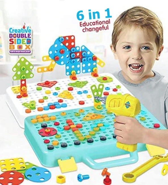 Pilli Matkaplı, 6in1 252 Parça 3D Creative Puzzle Yapboz Oyun Seti - 6