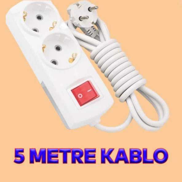 Topraklı Anahtarlı Düğmeli Çoklu 5 Metre Kablolu 2li Grup Priz Fiş Çoğaltıcı Asmalı Uzatma - Resim 2