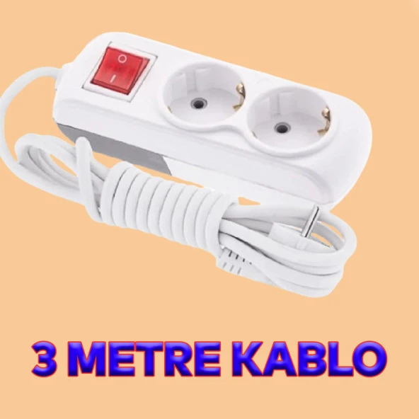Grup Priz Fiş Çoğaltıcı 3 Metre Topraklı Anahtarlı Düğmeli Çoklu Kablolu 2li Asmalı Uzatma - Resim 2