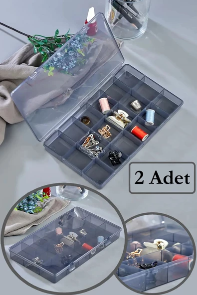 2 Adet Füme 18 Bölmeli Avantajlı Takı Aksesuar Saklama Kutusu