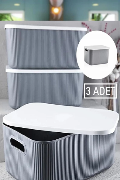 3 Adet 21 Lt Çok Amaçlı Gri Saklama Kutusu Storage Düzenleyici Kapaklı Çamaşır Vb Sepeti - 2