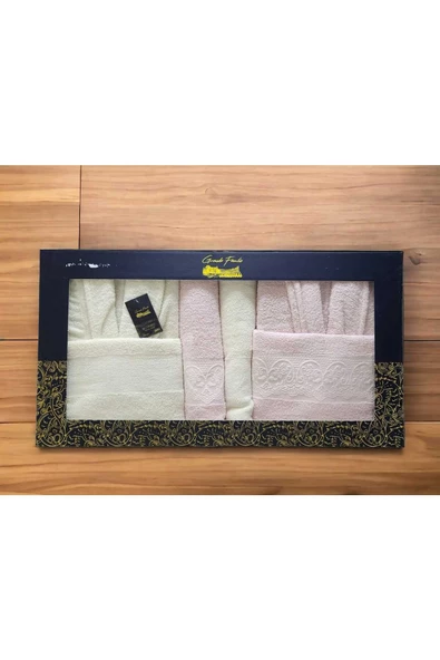 Grande Familie 6 Parça Aile Bornoz Seti Banyo Havlu Seti PEMBE- BEYAZ - 3