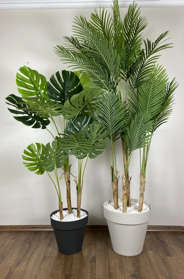 BİÇİÇEK   YAPAY AREKA-BÜYÜK BOY PALMİYE AĞACI 4 BAMBU GÖVDELİ VE MONSTERA-DEVETABANI AĞACI  YALI SAKSIDA - Resim 2