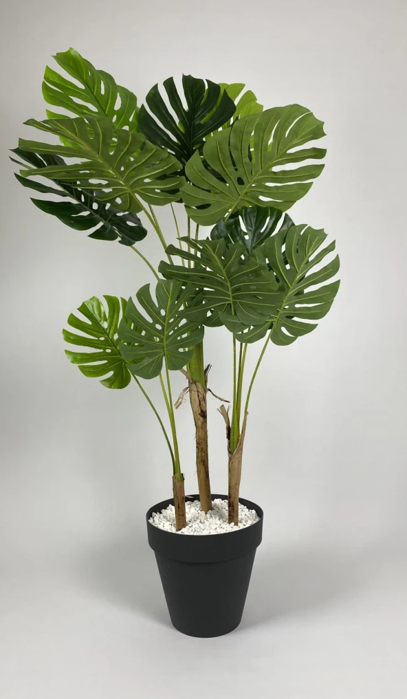 BİÇİÇEK YAPAY AĞAÇ MONSTERA BAMBU GÖVDELİ 150CM DEVETABANI AĞACI BÜYÜK BOY ANTRASİT RENK YALI SAKSIDA