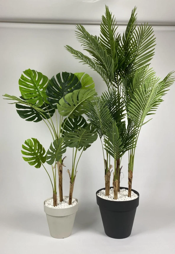BİÇİÇEK YAPAY AREKA-BÜYÜK BOY PALMİYE AĞACI 4 BAMBU GÖVDELİ VE MONSTERA-DEVETABANI AĞACI YALI SAKSIDA - 3
