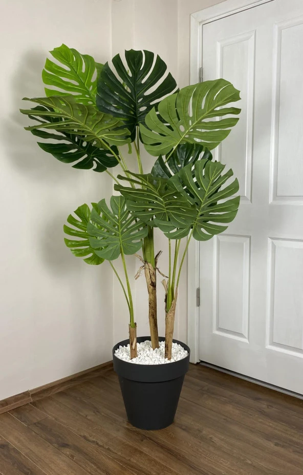 BİÇİÇEK YAPAY AĞAÇ MONSTERA BAMBU GÖVDELİ 150CM DEVETABANI AĞACI BÜYÜK BOY ANTRASİT RENK YALI SAKSIDA - 2