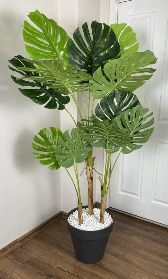 BİÇİÇEK YAPAY AĞAÇ MONSTERA BAMBU GÖVDELİ 150CM DEVETABANI AĞACI BÜYÜK BOY ANTRASİT RENK YALI SAKSIDA - 3