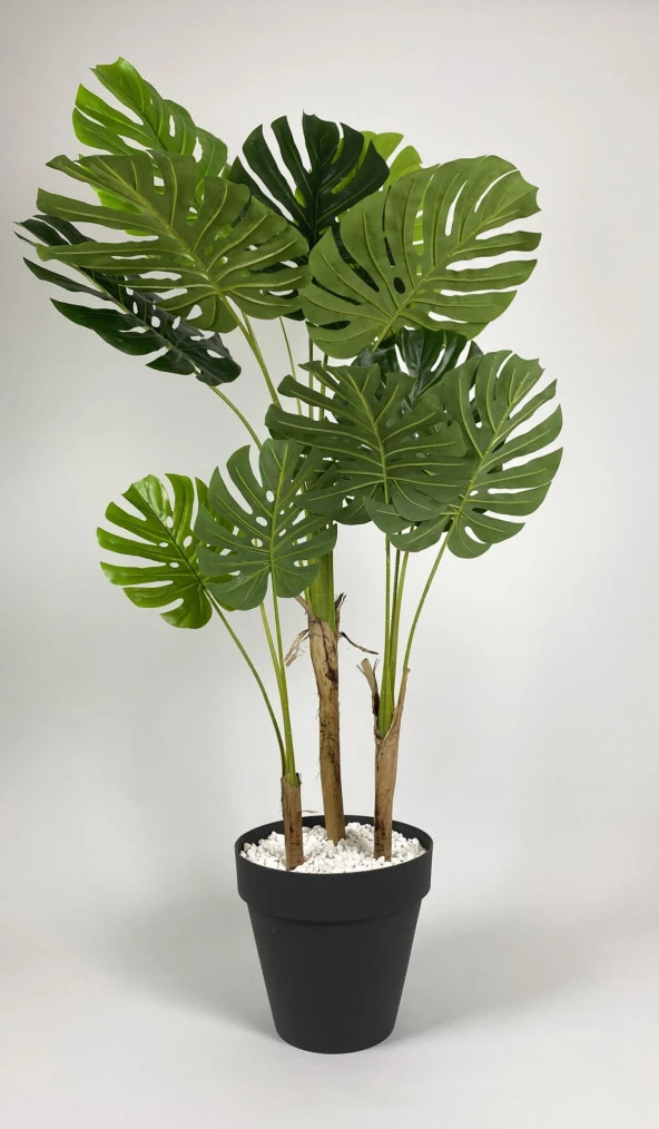 BİÇİÇEK YAPAY AĞAÇ MONSTERA BAMBU GÖVDELİ 150CM DEVETABANI AĞACI BÜYÜK BOY ANTRASİT RENK YALI SAKSIDA - 6