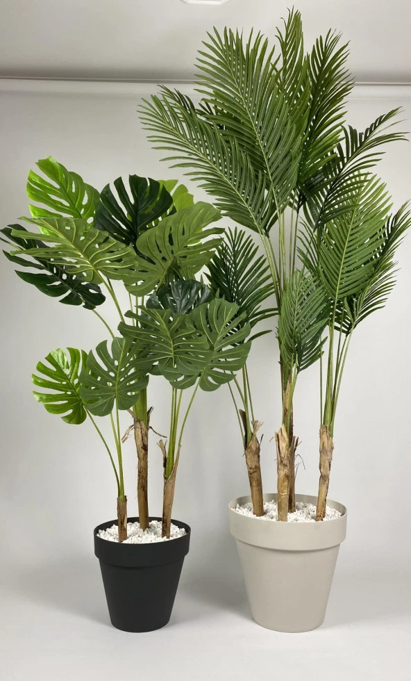 BİÇİÇEK   YAPAY AREKA-BÜYÜK BOY PALMİYE AĞACI 4 BAMBU GÖVDELİ VE MONSTERA-DEVETABANI AĞACI  YALI SAKSIDA - Resim 5