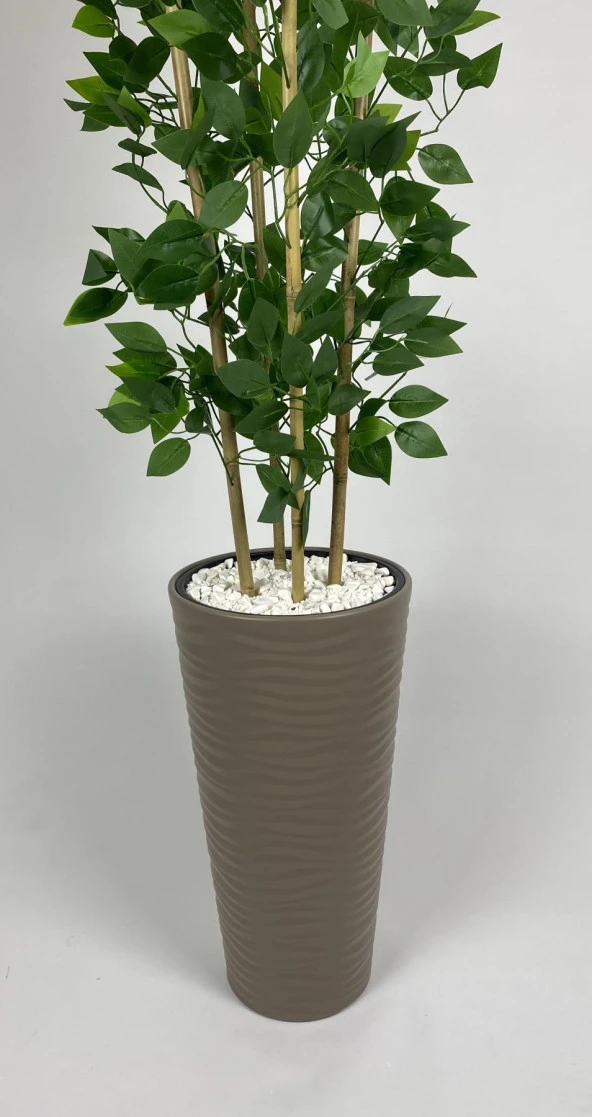 BİÇİÇEK YAPAY BENJAMİN AĞACI 180CM YOĞUN YAPRAKLI BAMBU GÖVDELİ BEJ RENK KUMSAL SAKSIDA