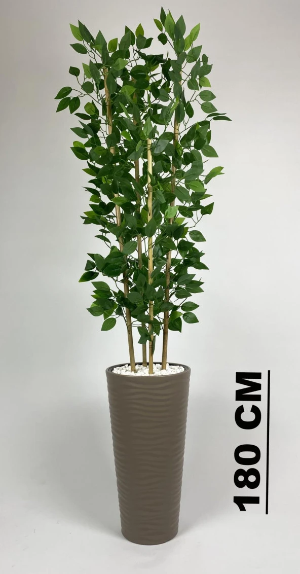 BİÇİÇEK YAPAY BENJAMİN AĞACI 180CM YOĞUN YAPRAKLI BAMBU GÖVDELİ BEJ RENK KUMSAL SAKSIDA - 2