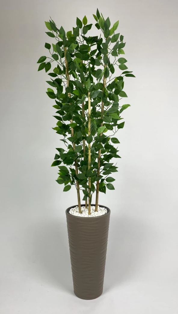 BİÇİÇEK YAPAY BENJAMİN AĞACI 180CM YOĞUN YAPRAKLI BAMBU GÖVDELİ BEJ RENK KUMSAL SAKSIDA - 3
