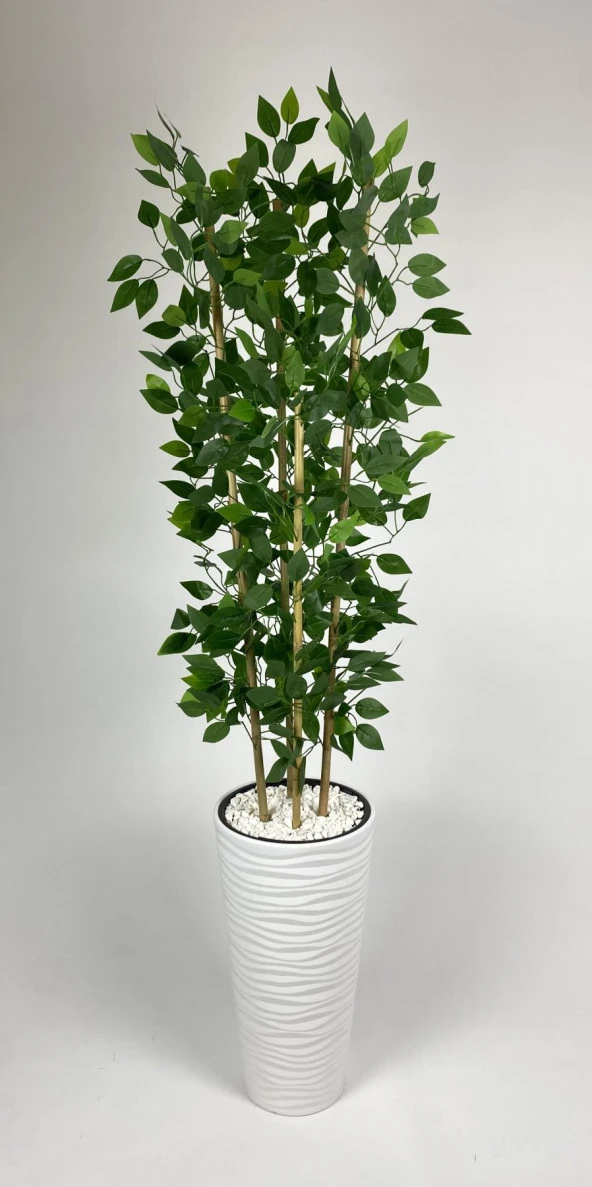 BİÇİÇEK YAPAY BENJAMİN AĞACI 180CM YOĞUN YAPRAKLI BAMBU GÖVDELİ BEYAZ RENK KUMSAL SAKSIDA