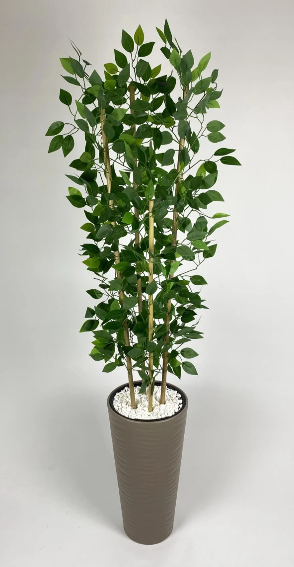 BİÇİÇEK YAPAY BENJAMİN AĞACI 180CM YOĞUN YAPRAKLI BAMBU GÖVDELİ BEJ RENK KUMSAL SAKSIDA - 4
