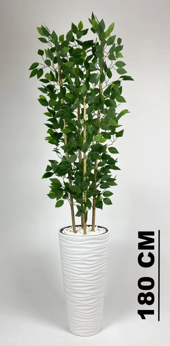 BİÇİÇEK YAPAY BENJAMİN AĞACI 180CM YOĞUN YAPRAKLI BAMBU GÖVDELİ BEYAZ RENK KUMSAL SAKSIDA - 2